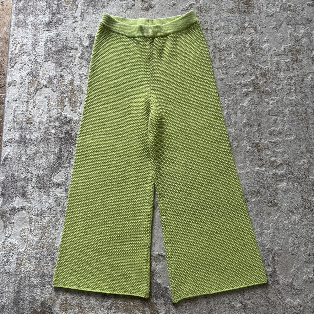 Free People Beach Lime Green Cropped Wide Leg Waffle Knit 100% Cotton Pants - S